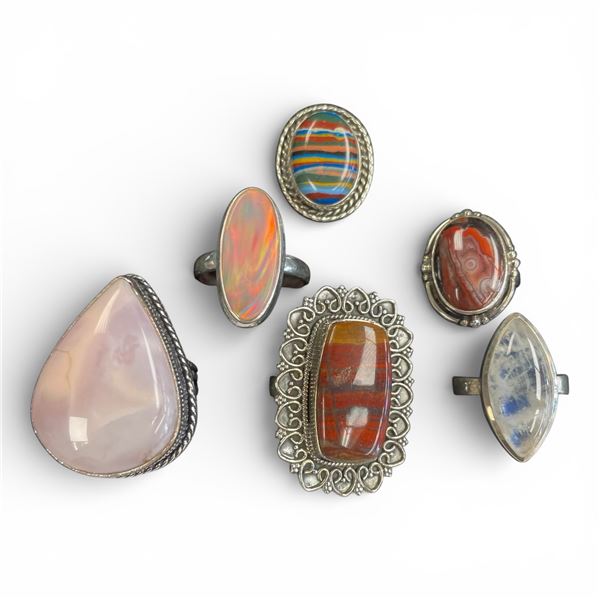 6 New Rings * all stamped .925 * (Iron Tigers Eye, Pink Andean Opal, Moonstone, Rainbow Calsilica &