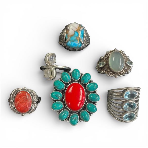 6 New Rings * all stamped .925 * (Turquoise with Red Agate, Blue Topaz Crystal, Moonstone, Peridot &