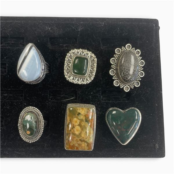 6 New Rings * all stamped .925 * (Stingray Coral, Plume Agate, Bloodstone, Blue Banded Agate & More)