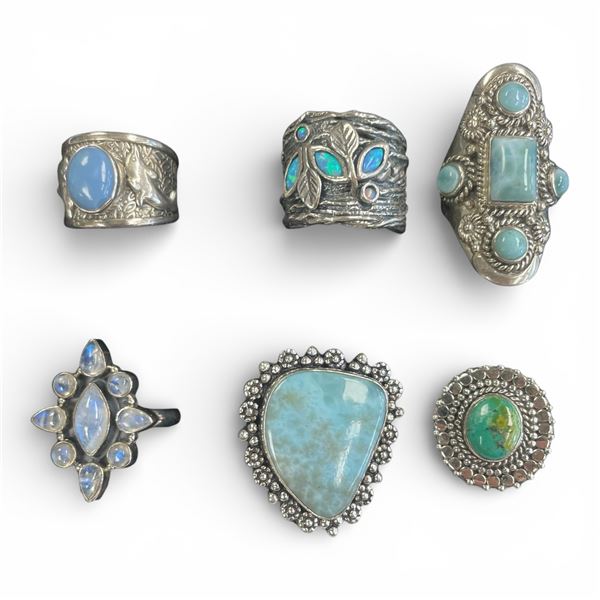 6 New Rings * all stamped .925 * (Chalcedony, Moonstone, Ocean Agate, Amazonite & More) Longest ring
