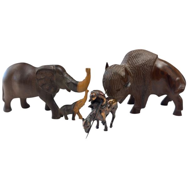 Carved Wood Buffalo & Elephant Statuette & Mini Copper Hunter on Horse (Buffalo is 4" x 6" x 4" tall