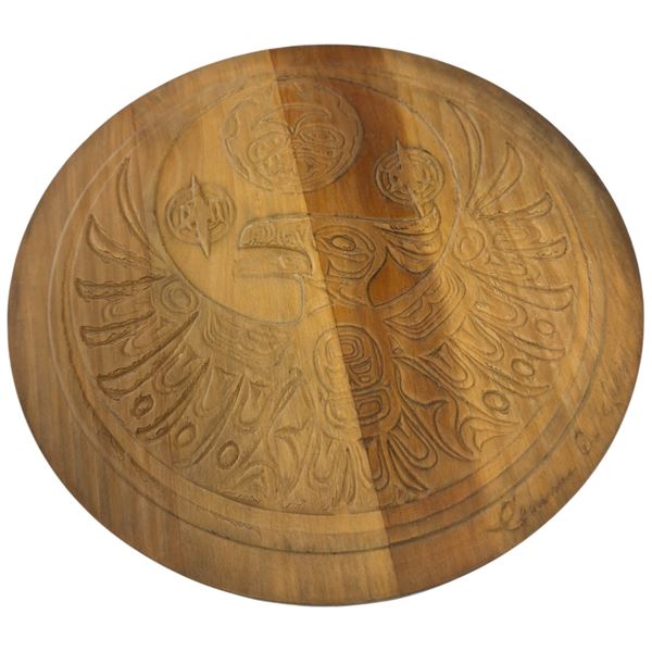 Clarence Mills Carved Wood Lidded Bowl with Haida Design - 10" diameter x 3" deep