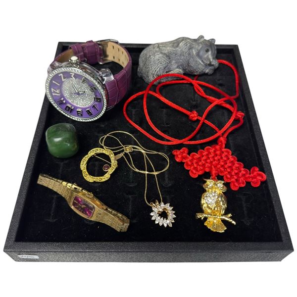 Group of Watches, Jewelry & Small Collectibles (Jade die, 3" bear, Rhinestone owl and more)