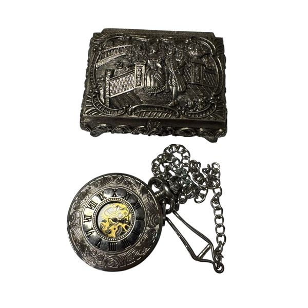 Skeleton Back Pocket Watch with Fob in Vintage Trinket Box (damaged lid)