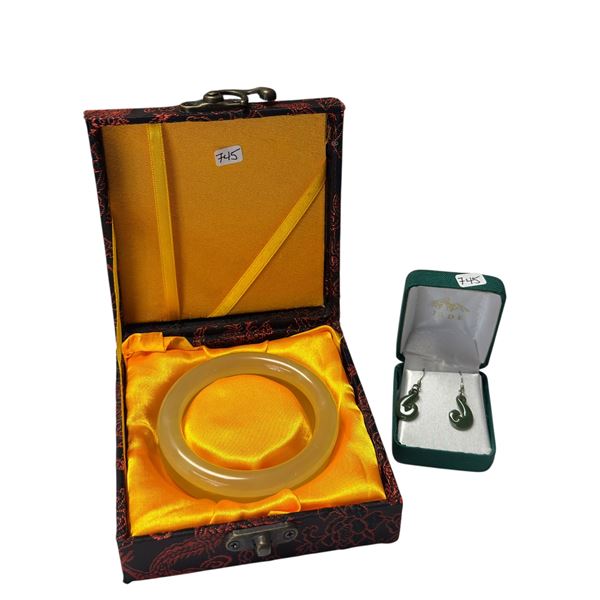 Jade Earrings and 2 Jade Bangle Bracelets