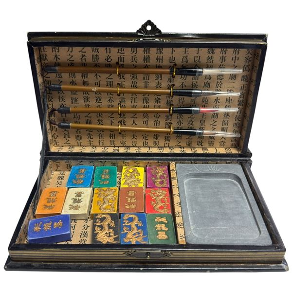 Chinese Calligraphy Set with 4 Brushes, Ink Stone and 13 Coloured Ink Sticks
