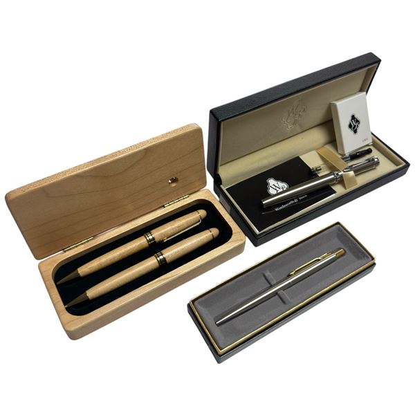 Group of Pens in Original Boxes * Wordsworth Fountain Pen, Parker Ball Point, and Wood Pen and Penci