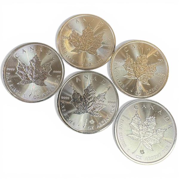 Five 2021 Canada .9999 Fine Silver 1 Troy Oz. Maple Dollar Coins * Tax exempt * Total of 5 Troy Oz.