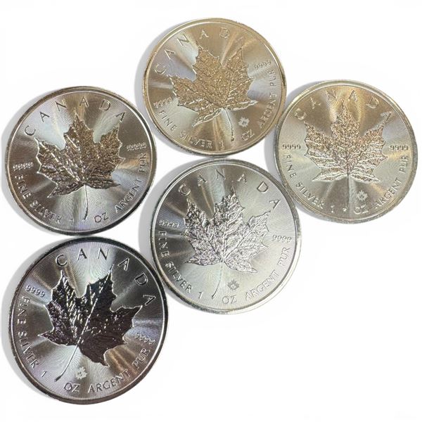 Five 2022 Canada .9999 Fine Silver 1 Troy Oz. Maple Dollar Coins * Tax exempt * Total of 5 Troy Oz.