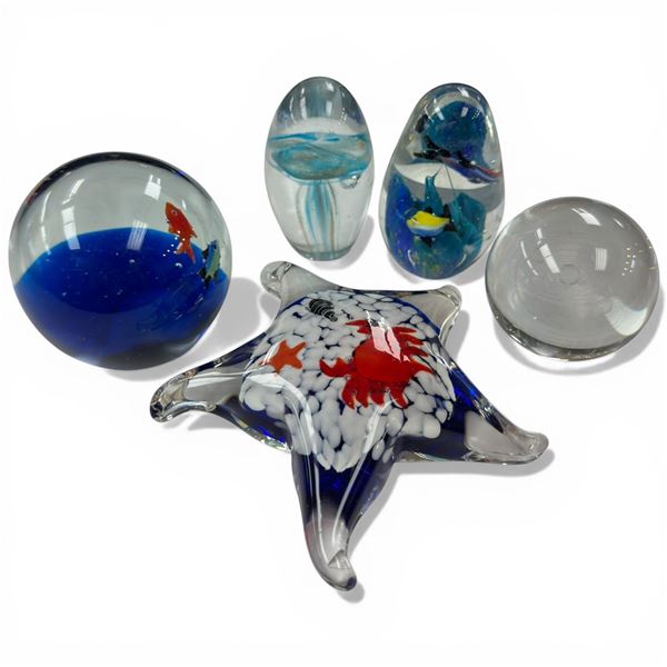 5 Marine Themed Art Glass Paperweights