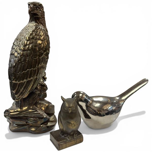 Cast Brass 5" Owl and 2 Metallic Glazed Ceramic Birds (Eagle is 13" tall)