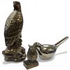 Image 1 : Cast Brass 5" Owl and 2 Metallic Glazed Ceramic Birds (Eagle is 13" tall)