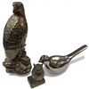 Image 2 : Cast Brass 5" Owl and 2 Metallic Glazed Ceramic Birds (Eagle is 13" tall)