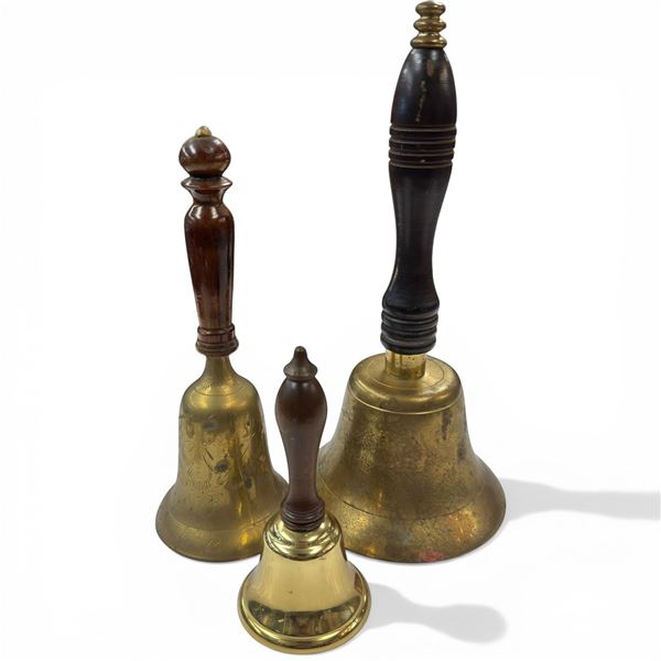 3 Wood Handled Brass Bells - Largest bell is 10" tall