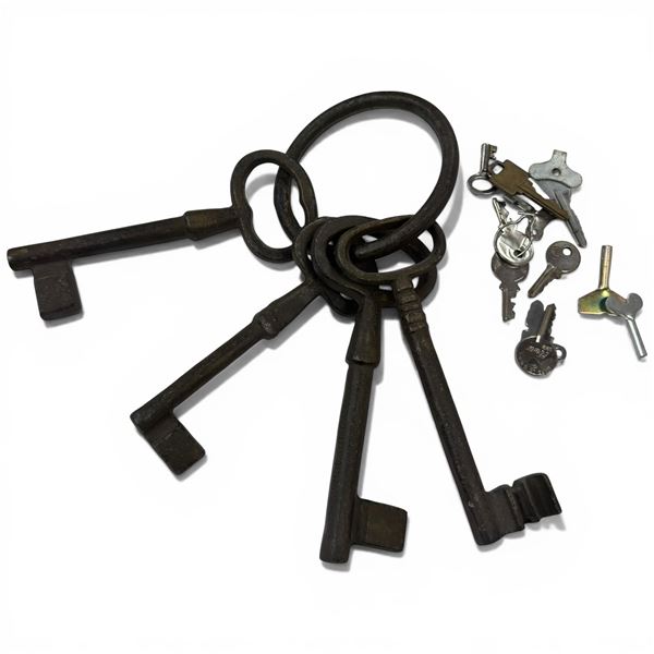 Iron Key Ring with 4 x 6.5" Keys and Small Box of Assorted Keys