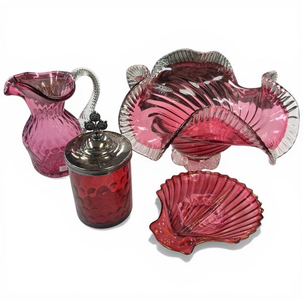 Group of 4 Vintage Cranberry Glass - Largest is a centerpiece bowl with clear ruffled edge (7" tall