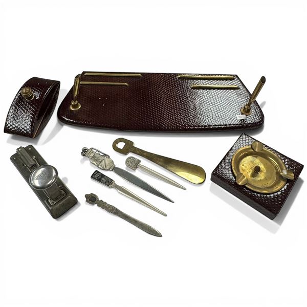 Vintage Leatherette Desk Set plus Stapler and Many Letter Openers