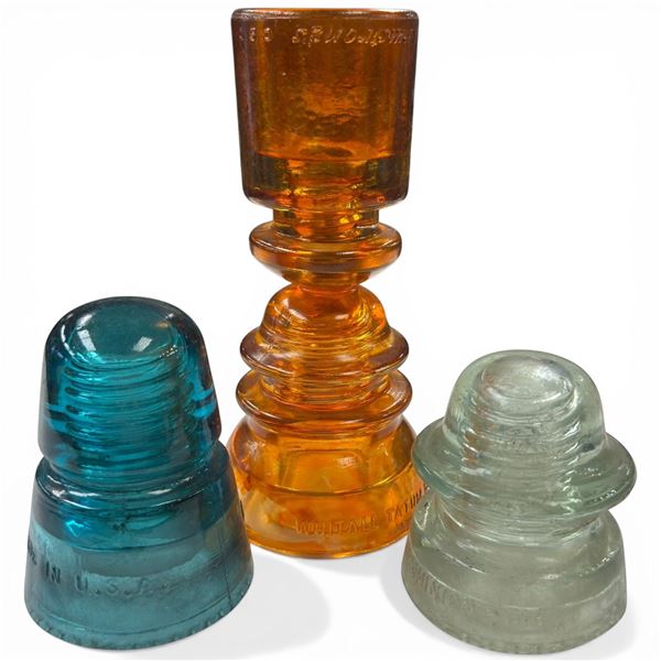 3 Vintage Glass Insulators - Tallest is the 8" Orange Whitehall Tatum