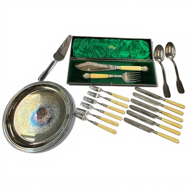 Collection of Silver Plated Fish Knife Server & Knives, Flatware & Platter
