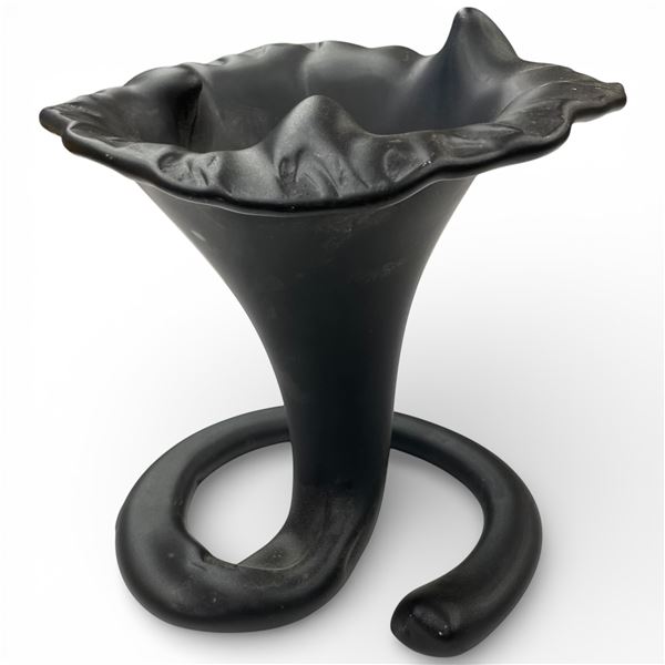 Black Matte Glazed Ceramic Trumper Lily Vase - 10" tall x 9" diameter base