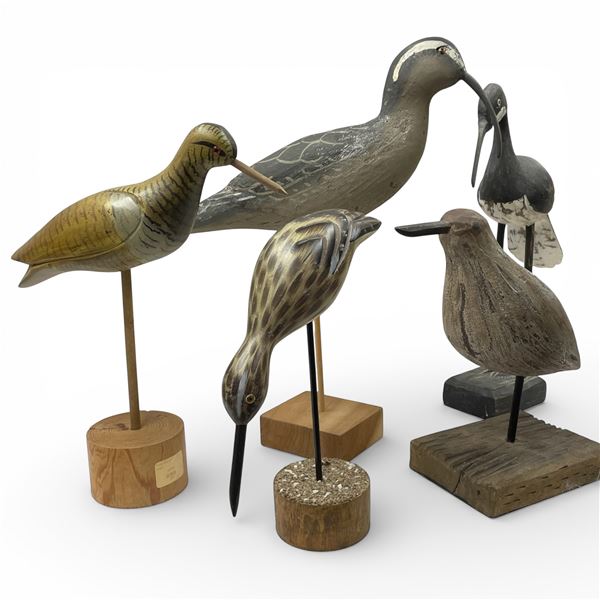 5 Carved Wood Shore Birds on Bases  - Tallest Bird is 14"
