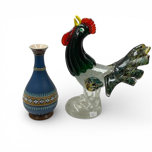 Art Glass Rooster (9" wide x 9" tall) and Glazed Stoneware Vase (Attributed  to Villeroy & Bosch - 7