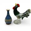 Image 1 : Art Glass Rooster (9" wide x 9" tall) and Glazed Stoneware Vase (Attributed  to Villeroy & Bosch - 7