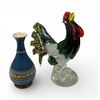 Image 2 : Art Glass Rooster (9" wide x 9" tall) and Glazed Stoneware Vase (Attributed  to Villeroy & Bosch - 7