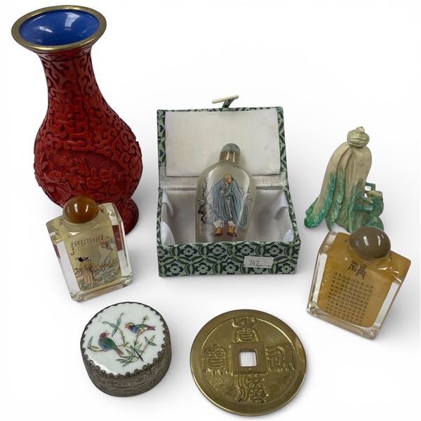 Group of 7 Asian Collectibles - 3 Glass perfume bottles, 6" faux cinnabar vase, and more