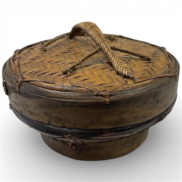 Bamboo & Rattan Lidded Tibetan-Style Food Basket - 6" tall x 9" diameter