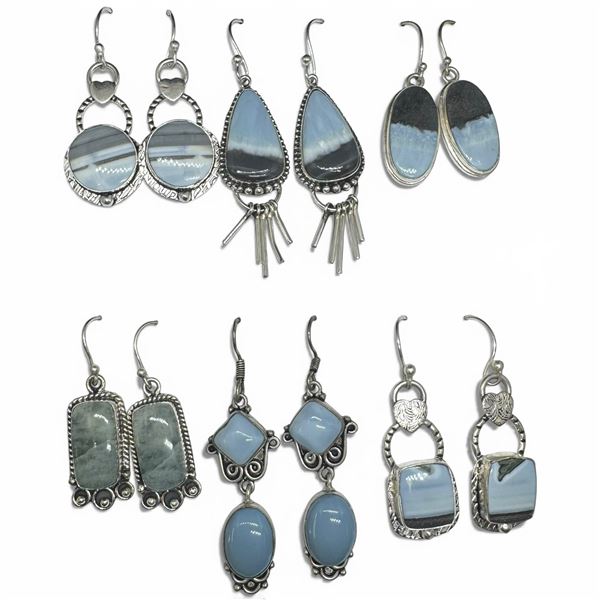 6 Pairs of Polished Agate & Gemstone Earrings in Silver Settings (Blue Chalcedony, Banded Agate, Gua