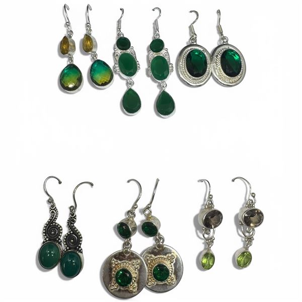 6 Pairs of Polished & Faceted Gemstone & Crystal Earrings in Silver Settings (Citrine, Emerald Cryst