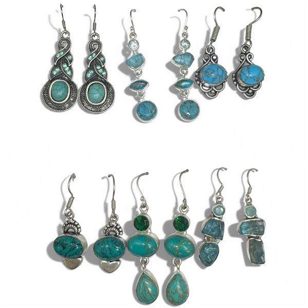 6 Pairs of Polished & Faceted Gemstone & Crystal Earrings in Silver Settings (Turquoise, Amazonite,