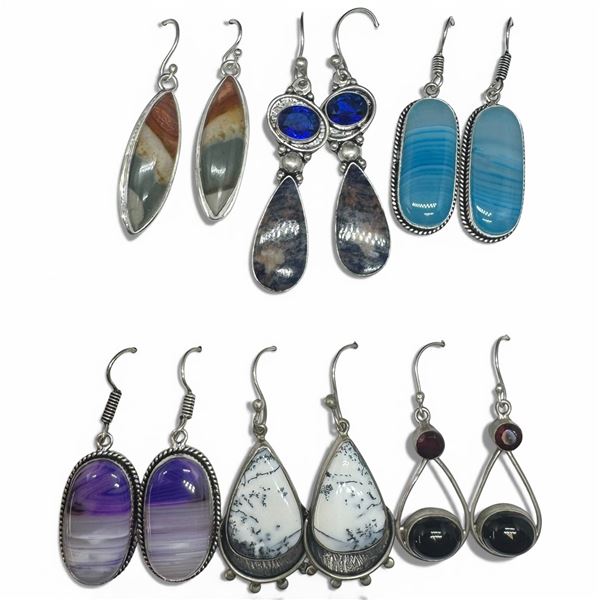 6 Pairs of Polished & Faceted Gemstone & Crystal Earrings in Silver Settings (Ruby Zoisite, Botswana