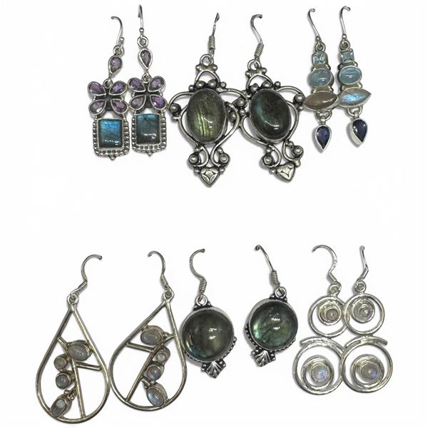6 Pairs of Polished Labradorite Earrings in Silver Settings (Some crystal accent stones) * Majority