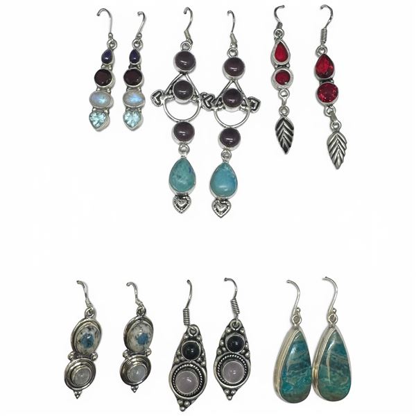 6 Pairs of Polished Natural Gemstone & Crystal Earrings in Silver Settings (Garnet, Amethyst, Rose Q