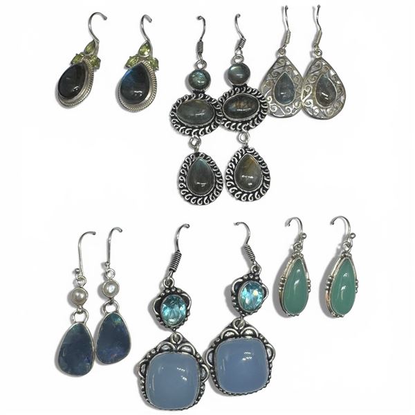 6 Pairs of Polished Natural Gemstone & Crystal Earrings in Silver Settings (Labradorite, Blue Chalce