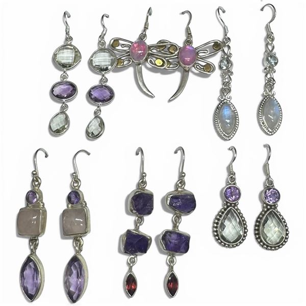 6 Pairs of Polished Natural Gemstone & Crystal Earrings in Silver Settings (Triplet Opal, Amethyst,