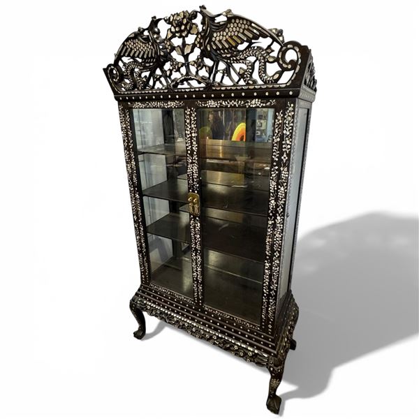 Traditional Chinese Display Cabinet with Intricate Mother-of-Pearl Inlay - Phoenix and Floral Top, G