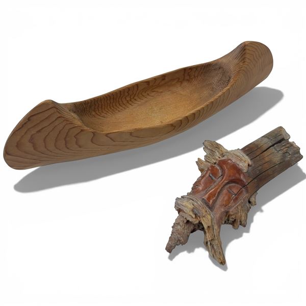 12" Carved Cedar Canoe (signed underneath) & 7" Carved "Knot Head" by Lotega