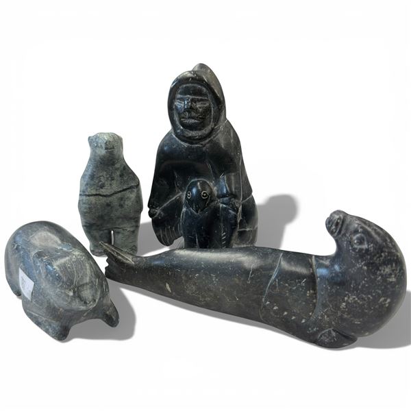 4 Carved Soapstone Statuettes - Tallest is the 5" Hunter