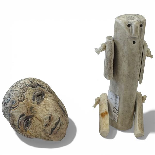3" Carved Antler Articulated Doll &2" Carved & Painted Stone Head