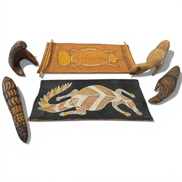 6 Piece Lot of Aboriginal - Believed to be Australian - Largest wood tray is 4" x 12"