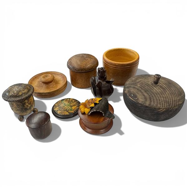 Group of Carved Wood Containers & 1 Random Lid - Tallest is 5"