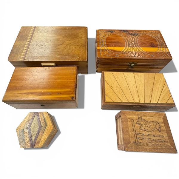 6 Lidded Wood Keepsake Boxes - Sizes range from 2" x 4" x 4" tall to 8" x 12" x 4" tall
