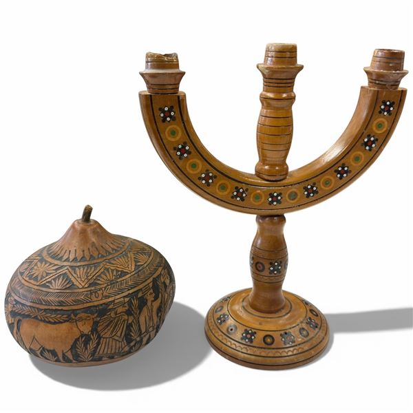 Wood Ukrainian Candelabra & Lidded Peruvian Bowl