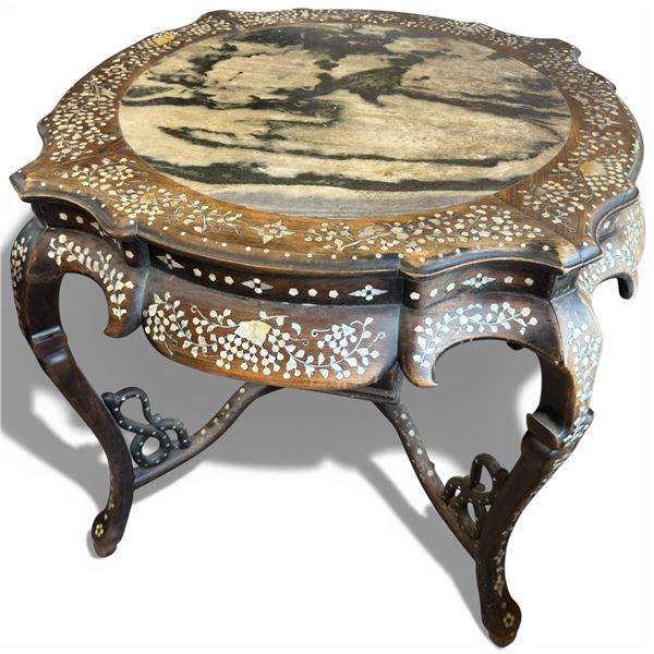 Chinese Center Table with Marble Top and Mother-of-Pearl Inlay (43" x 32" tall) Some cracks in the m