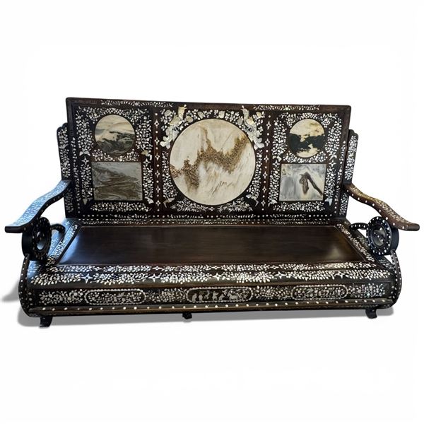 Chinese Settle/Bench with Mother-of-Pearl Inlay and Marble Inserts - 64" long
