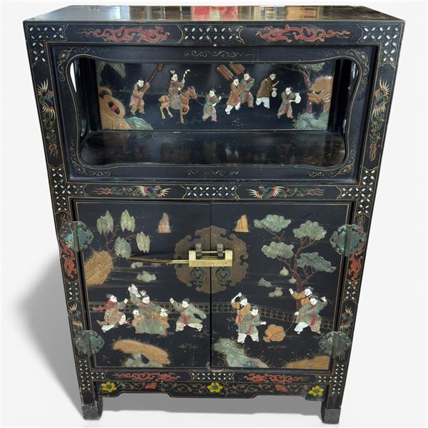 Chinese Black Lacquered Cabinet with Relief Decoration - 12" x 25" x 37" tall