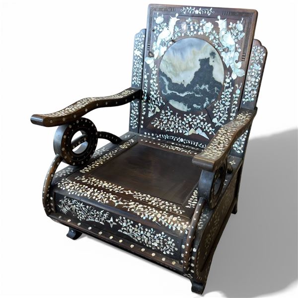 Chinese Arm Chair with Phoenix & Floral Mother-of-Pearl Inlay and Round Marble Inlay